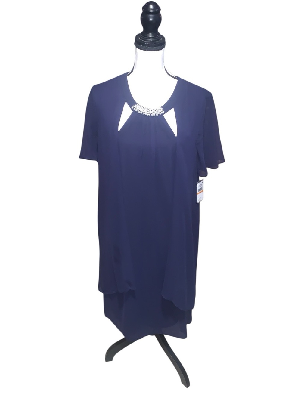 NWT Ignite Evenings Navy Embellished Neckline Chiffon Overlay Midi Formal Dress